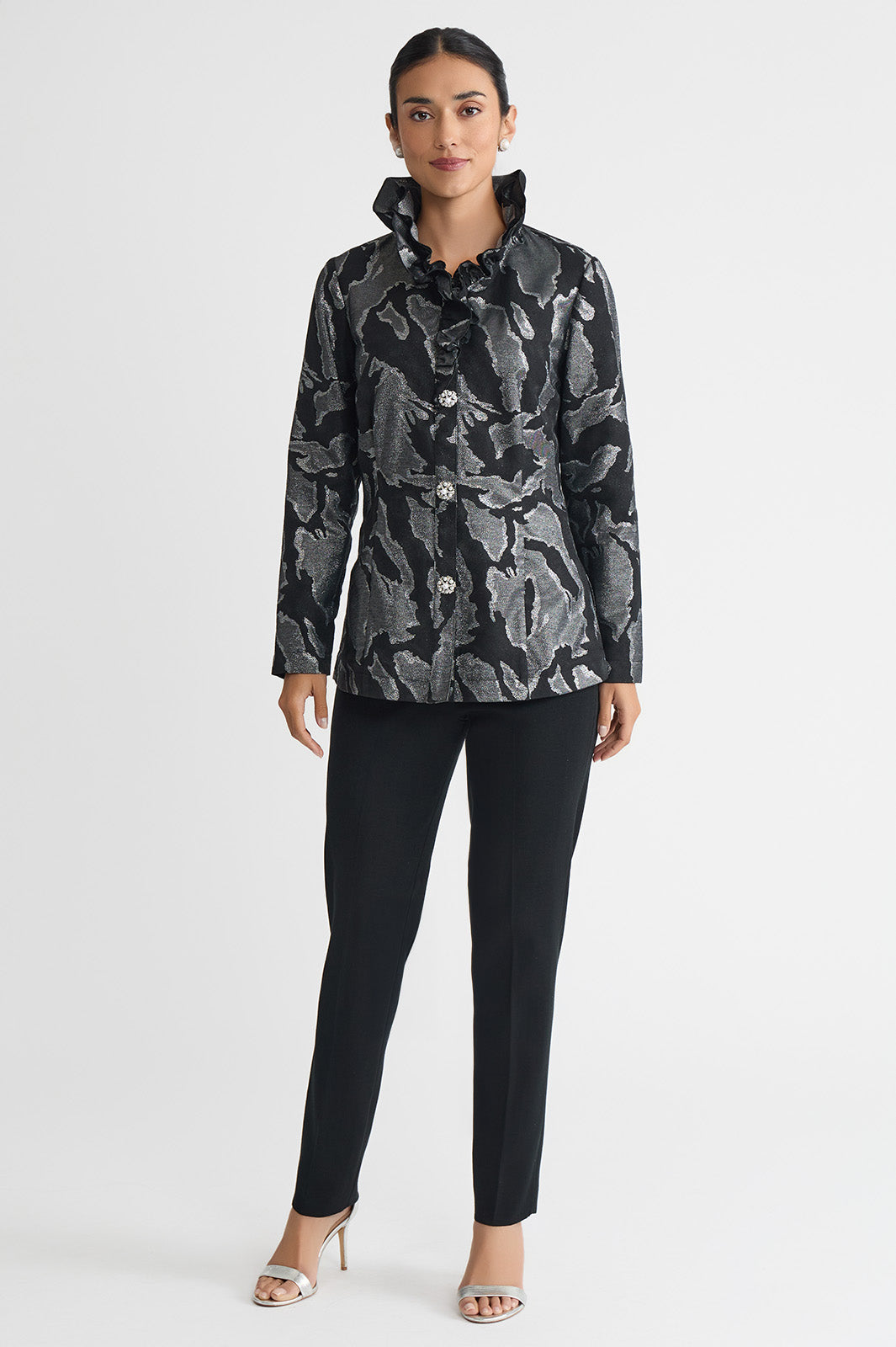 Tailored Shimmer Ruffle Neck Woven Jacquard Jacket | Ming Wang