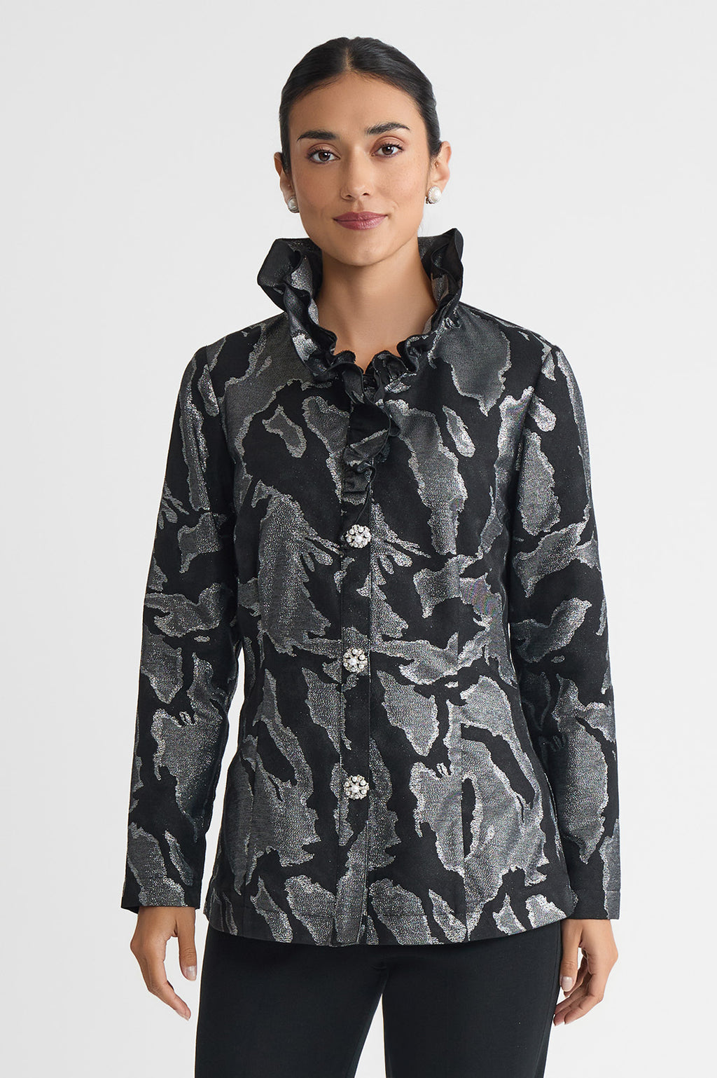 Tailored Shimmer Ruffle Neck Woven Jacquard Jacket | Ming Wang