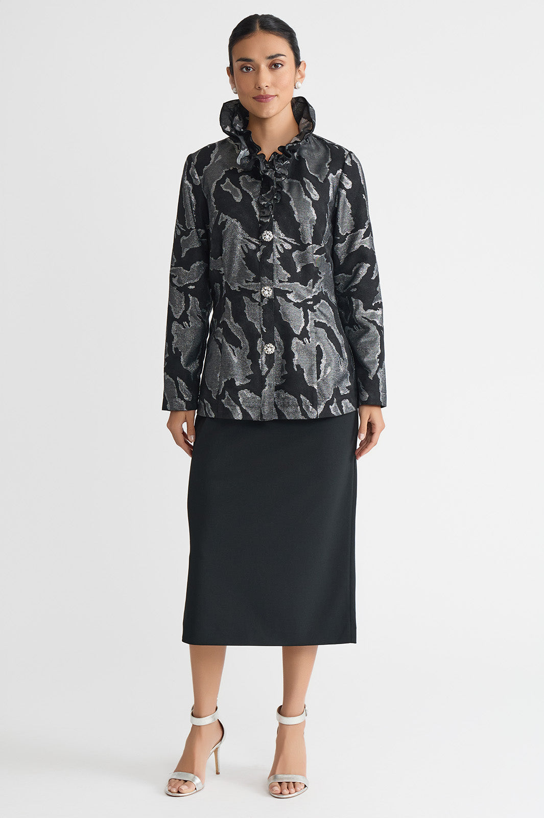 Tailored Shimmer Ruffle Neck Woven Jacquard Jacket | Ming Wang