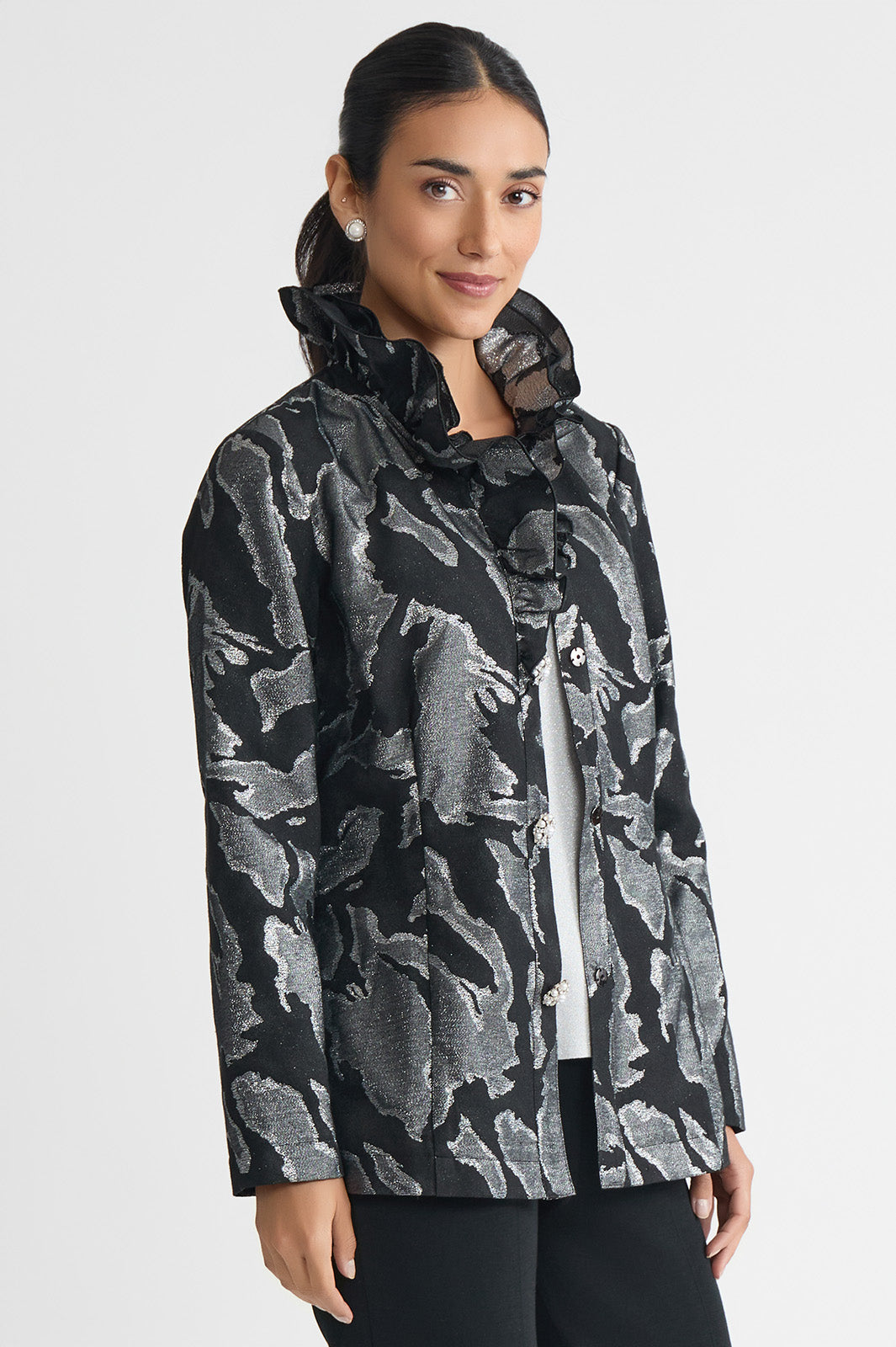 Tailored Shimmer Ruffle Neck Woven Jacquard Jacket | Ming Wang