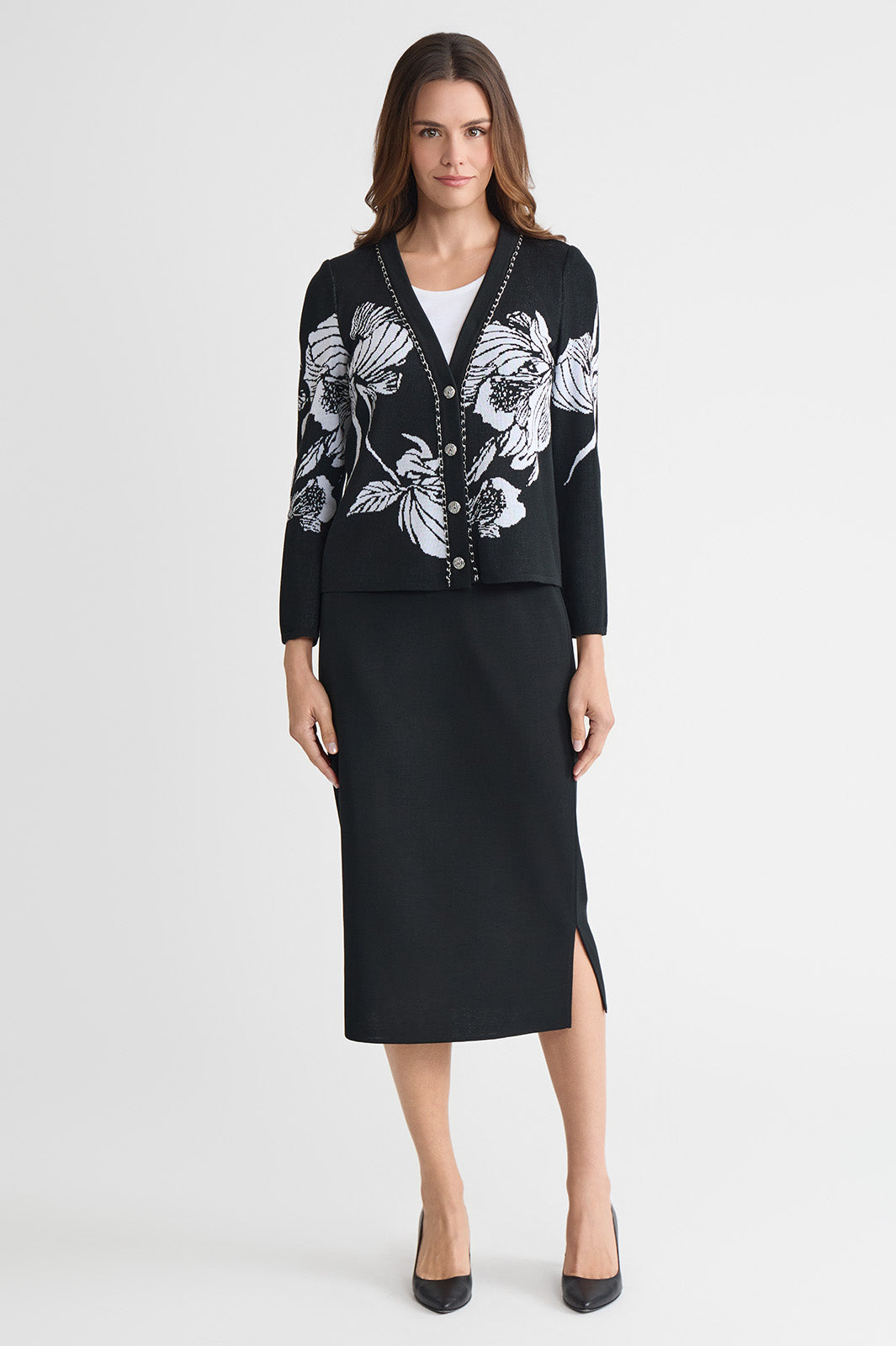 Heritage Chain Trim Floral Jacquard Knit Cardigan | Ming Wang