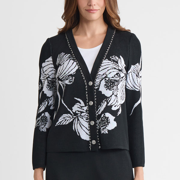 Heritage Chain Trim Floral Jacquard Knit Cardigan | Ming Wang