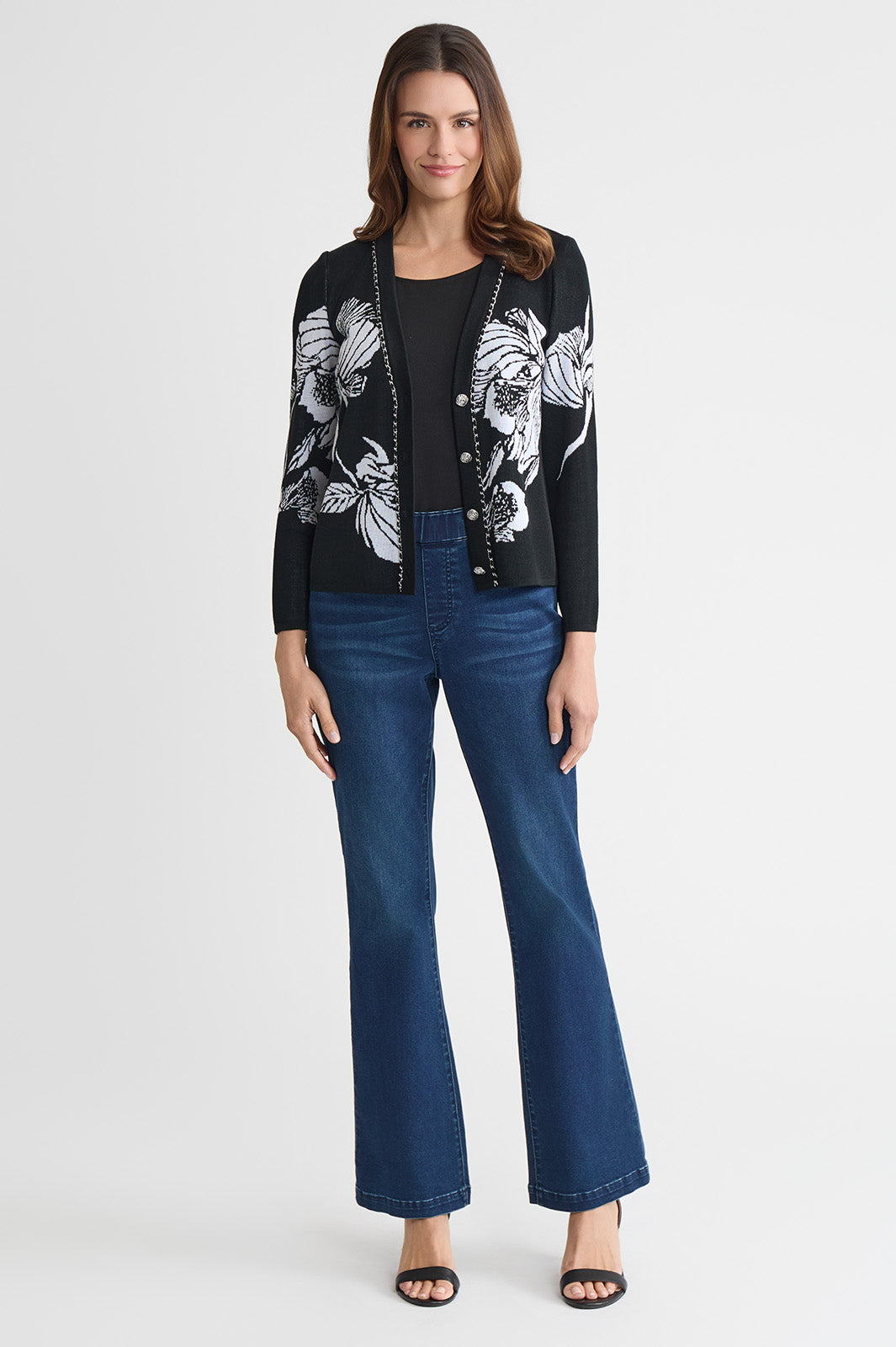 Heritage Chain Trim Floral Jacquard Knit Cardigan | Ming Wang