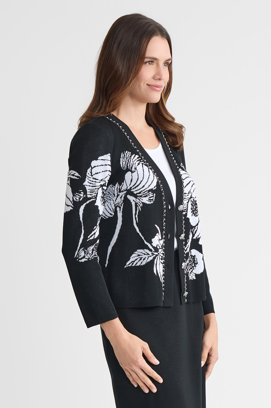 Heritage Chain Trim Floral Jacquard Knit Cardigan | Ming Wang