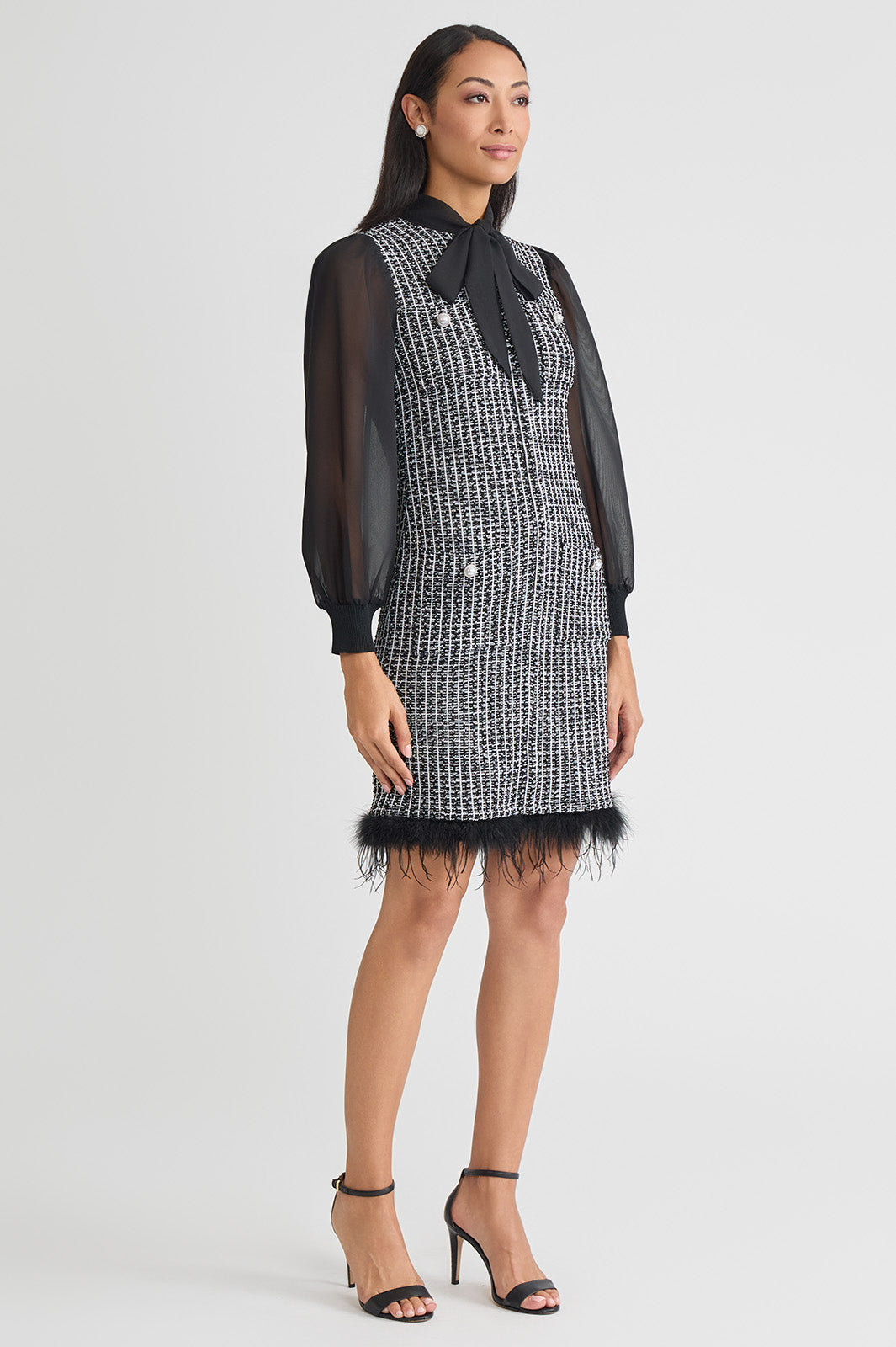 Mixed-Media Tweed Knit Sheath Dress