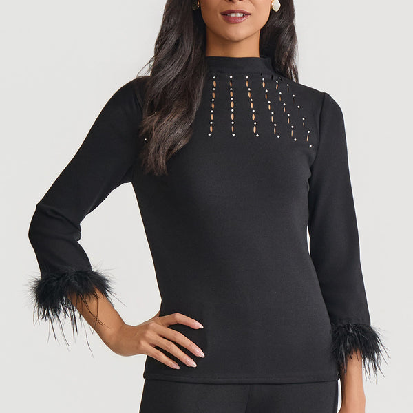 Embellished High Neck Soft Knit Top | Ming Wang