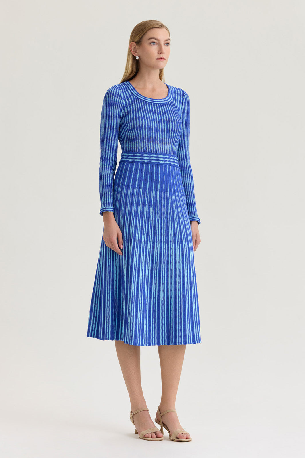 knit fit and flare dress Linear Pointelle Lined Tonal Soft Knit Fit-N-Flare Midi Dress