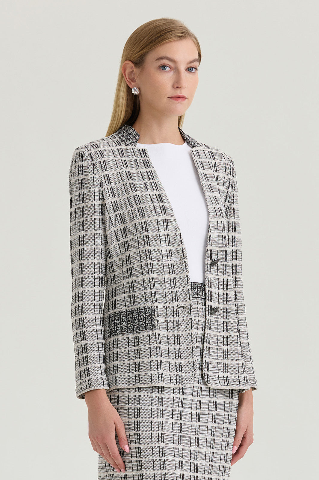 Tailored Contrast Stitch Tweed Knit Jacket | Ming Wang
