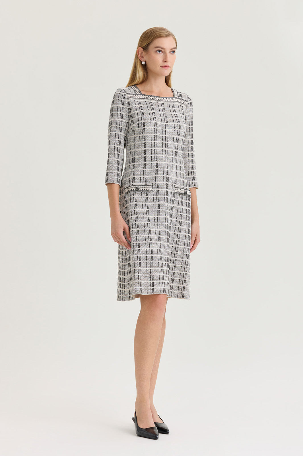 A-Line Contrast Stitch Tweed Knit Dress A-Line Contrast Stitch Tweed Knit Dress