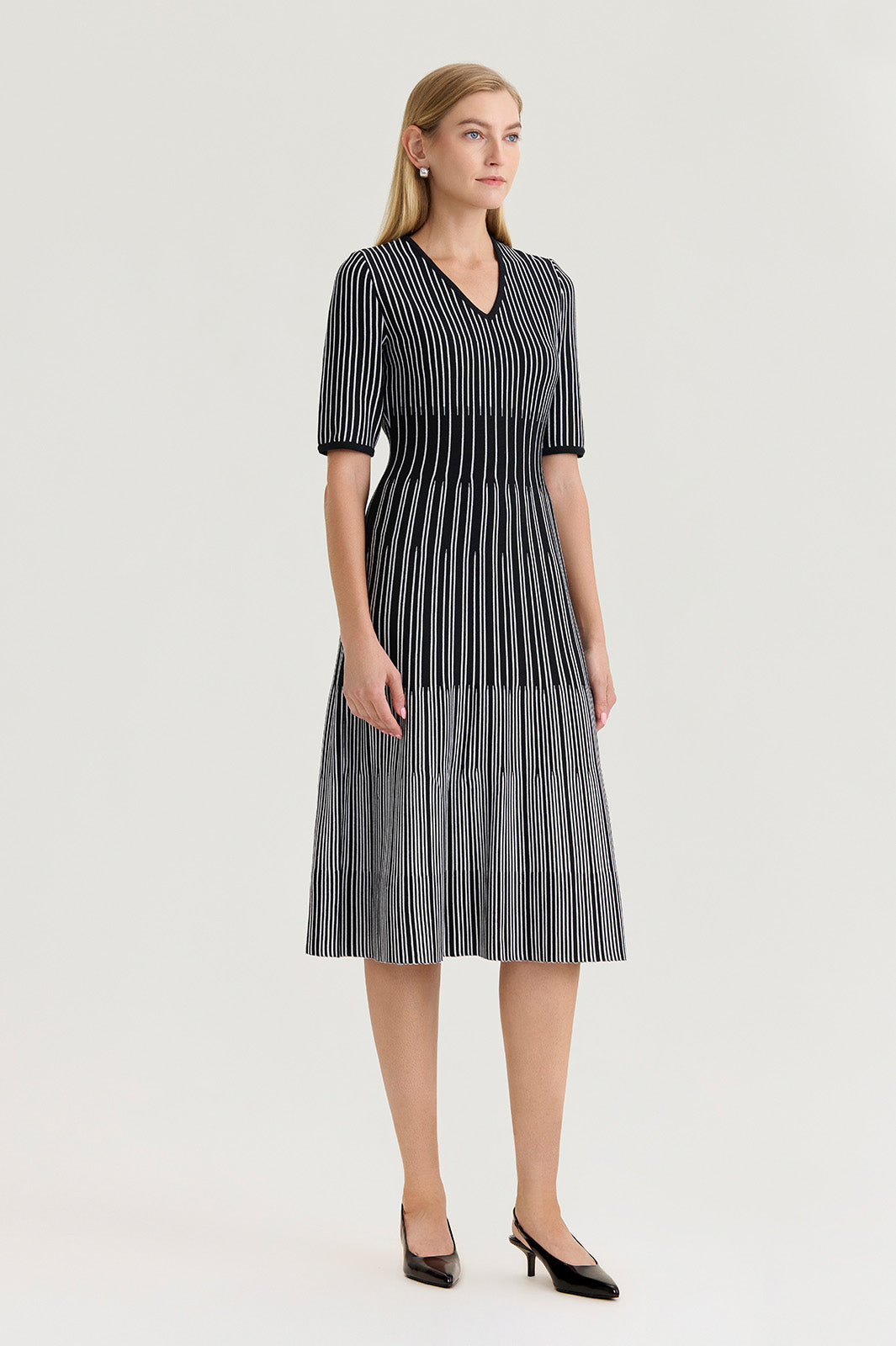 Plus Size Fit-N-Flare Linear Soft Knit Midi Dress