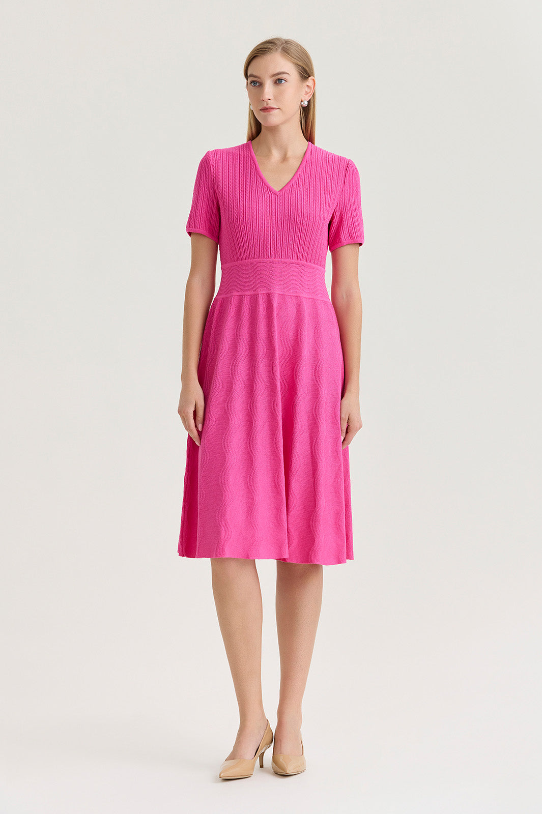 petite knitted dress Fit-N-Flare Multi-Stitch Soft Knit cut to a mini Award-Winning Bridal Boutique for FLOR CUT OUT MIDI DRESS Color:Team Power Red