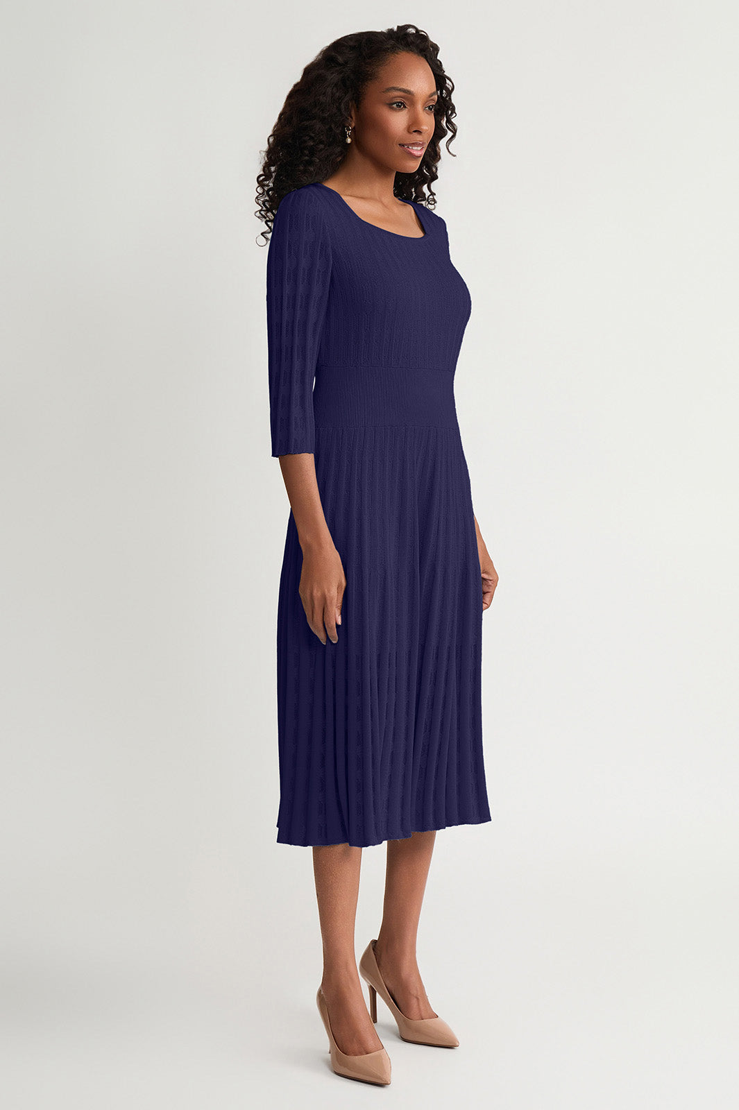 linear dresses Linear Pointelle Tonal Knit Fit-N-Flare Midi Dress, Indigo