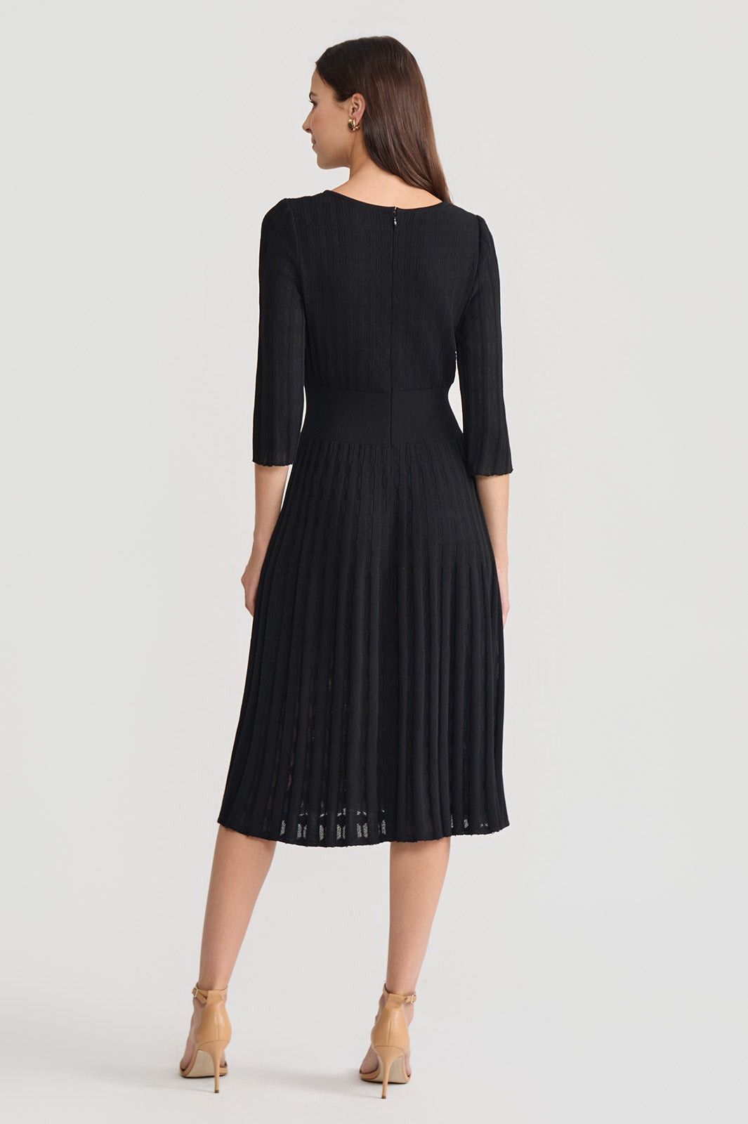 Linear Pointelle Tonal Knit Fit-N-Flare Midi Dress, Black Linear Pointelle Tonal Knit Fit-N-Flare Midi Dress, Black