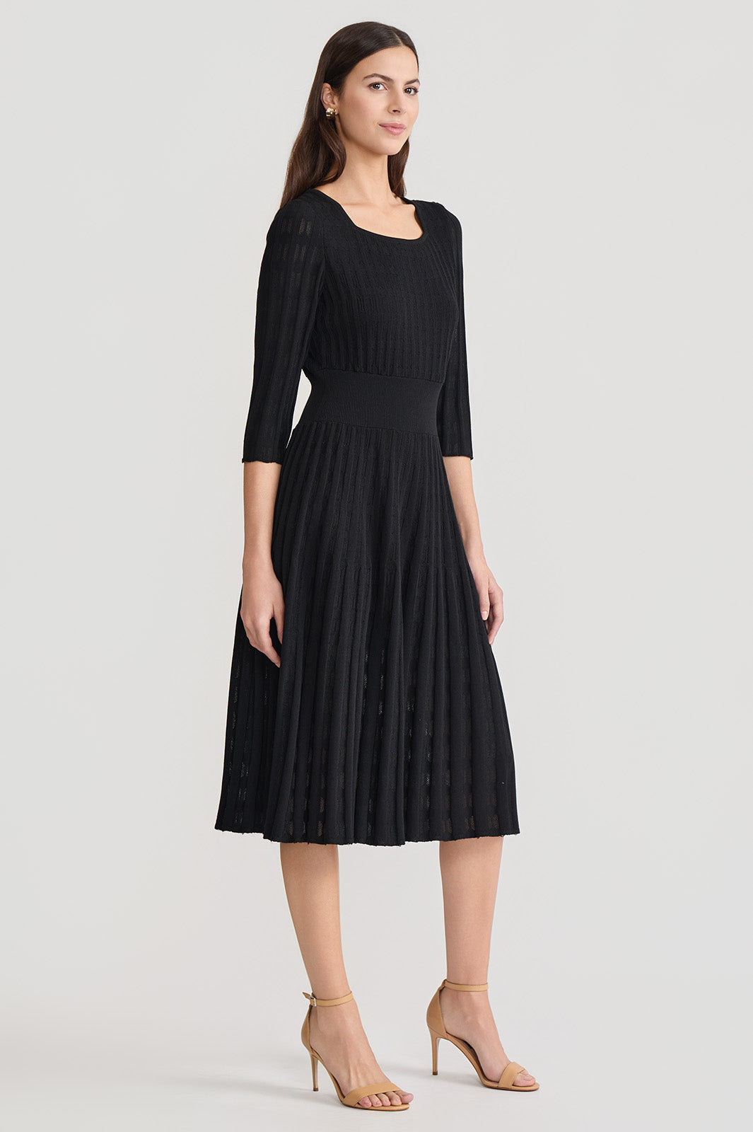 Linear Pointelle Tonal Knit Fit-N-Flare Midi Dress | Ming Wang Linear Pointelle Tonal Knit Fit-N-Flare Midi Dress | Ming Wang