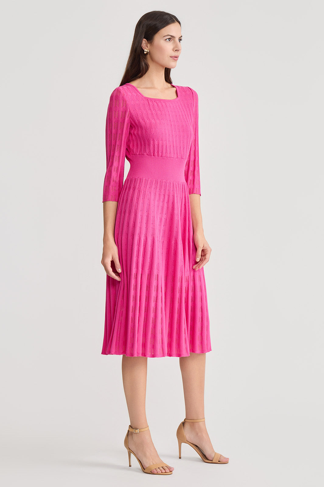 Linear Pointelle Tonal Knit Fit-N-Flare Midi Dress, Carmine Rose Linear Pointelle Tonal Knit Fit-N-Flare Midi Dress, Carmine Rose
