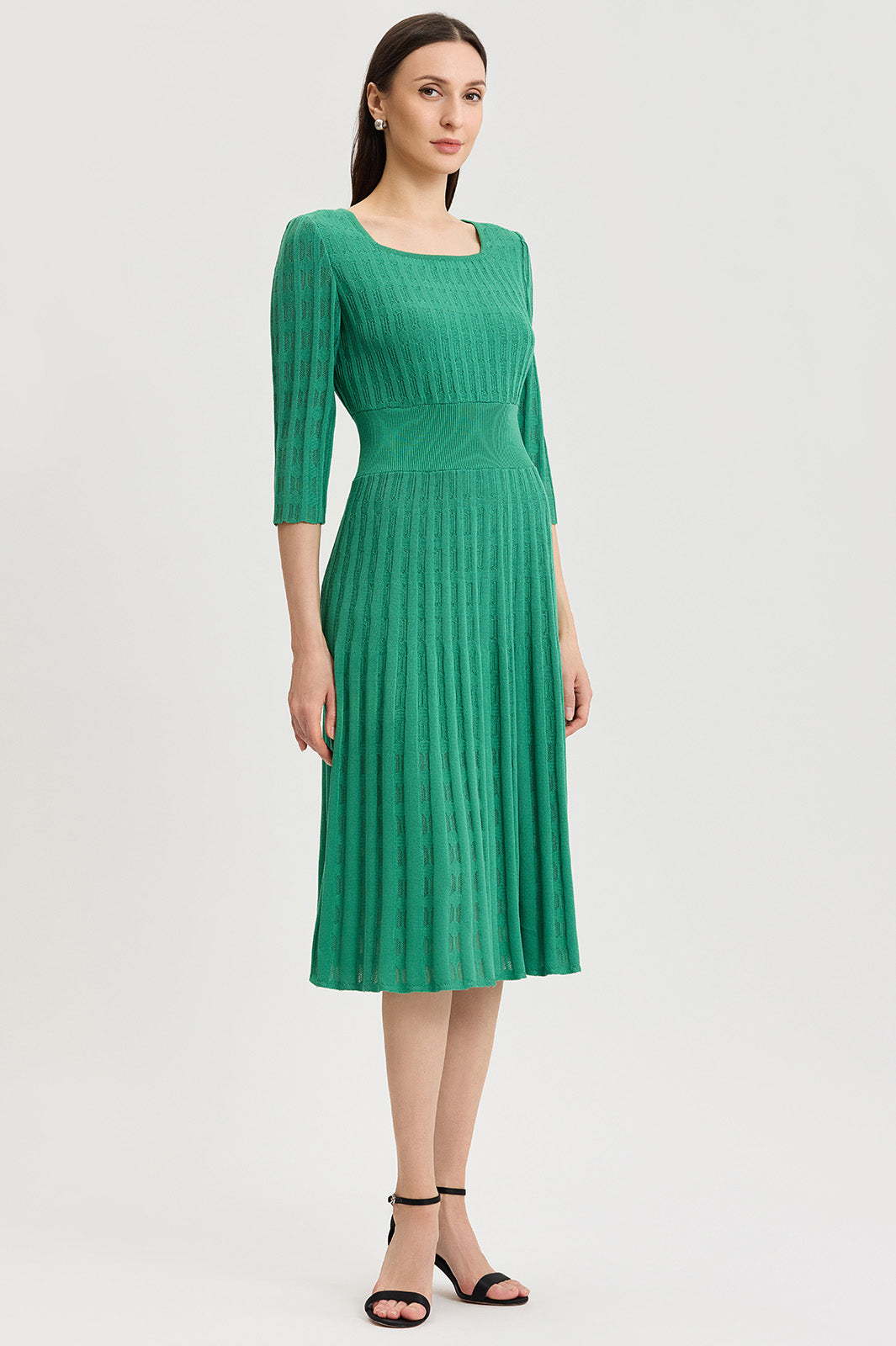 Linear Pointelle Tonal Knit Fit-N-Flare Midi Dress | Ming Wang Linear Pointelle Tonal Knit Fit-N-Flare Midi Dress | Ming Wang