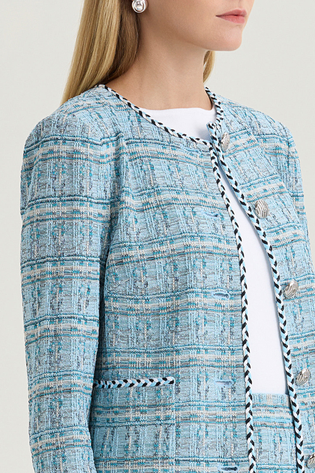 Plus Size Heritage Braided Trim Tweed Knit Jacket | Ming Wang