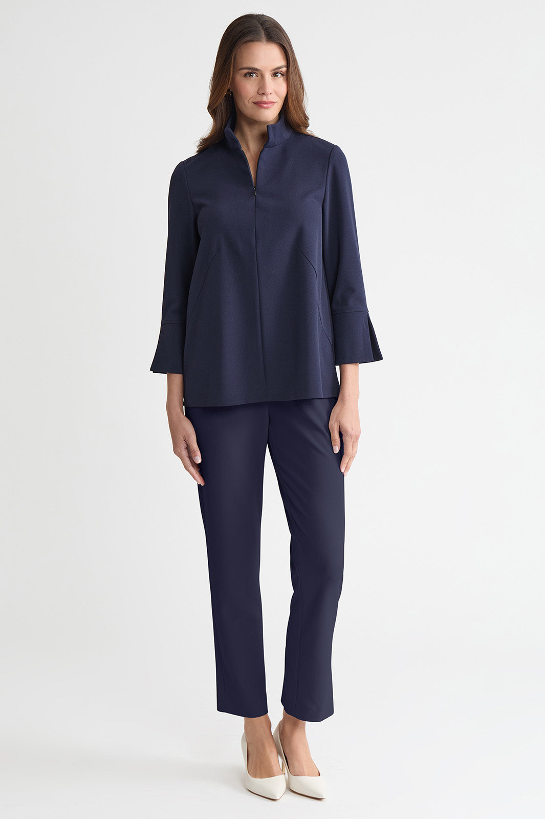 Stretch Deco Crepe Zip Front Pullover Blouse | Ming Wang