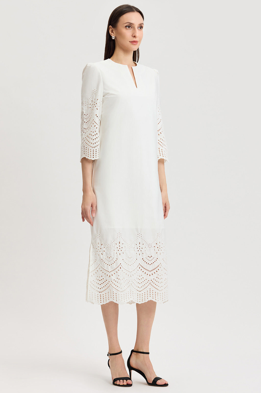 cotton eyelet sheath dress St. John Couture Floral Eyelet Sheath Dress in Navy