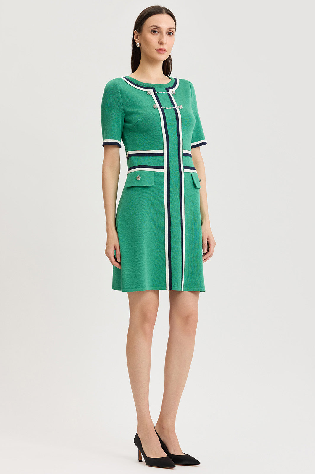 green contrast dress Green Contrast Stripe Trim V Neck Puff Sleeve Dress