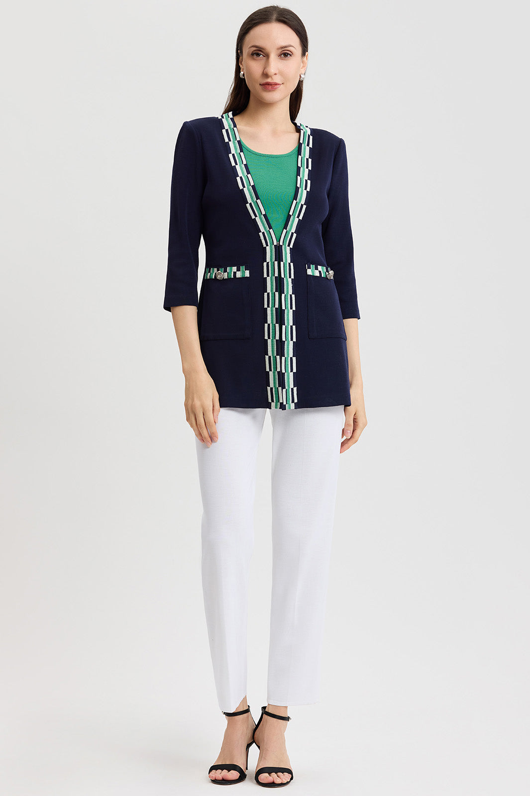 CHIEKO+ knit jacket サイズ38 Heritage Checkered Trim Soft Knit Jacket | Ming Wang