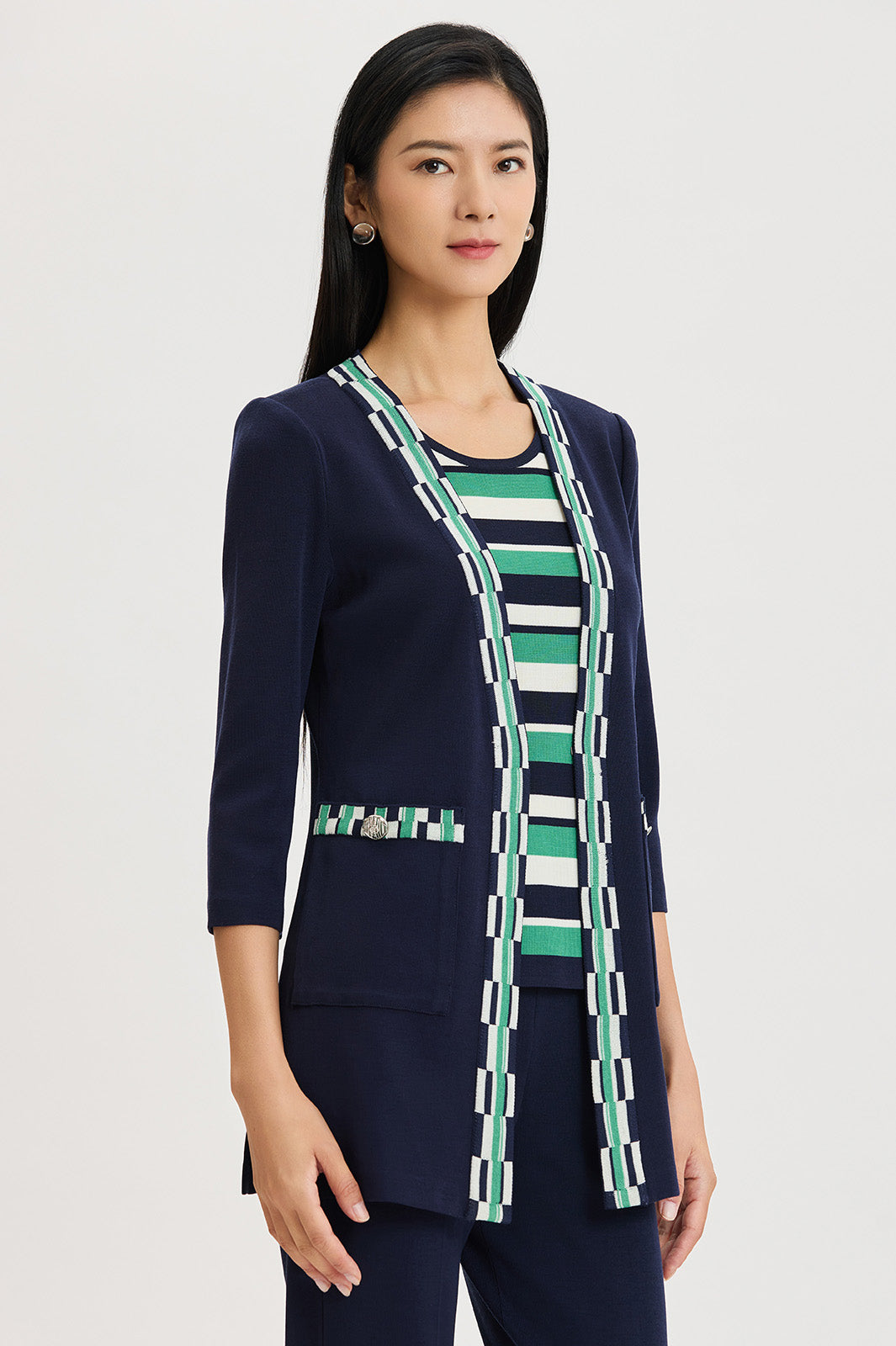 Heritage Checkered Trim Soft Knit Jacket | Ming Wang
