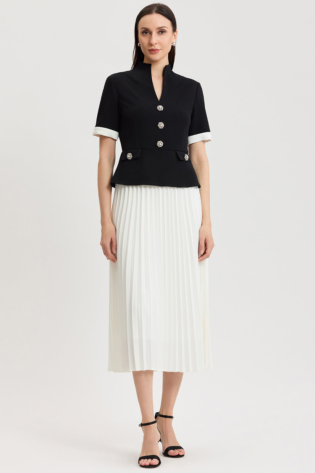 black maxi dress with white pleats Noelle Pleated Crepe Maxi Dress