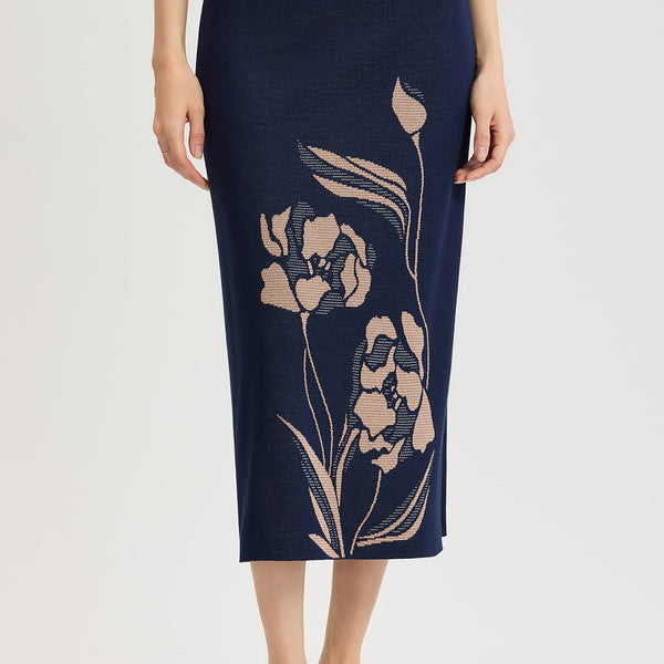 [OPEN YY] FLORAL SKIRT Lサイズ Plus Size Straight Floral Jacquard Soft Knit Maxi Skirt | Ming Wang