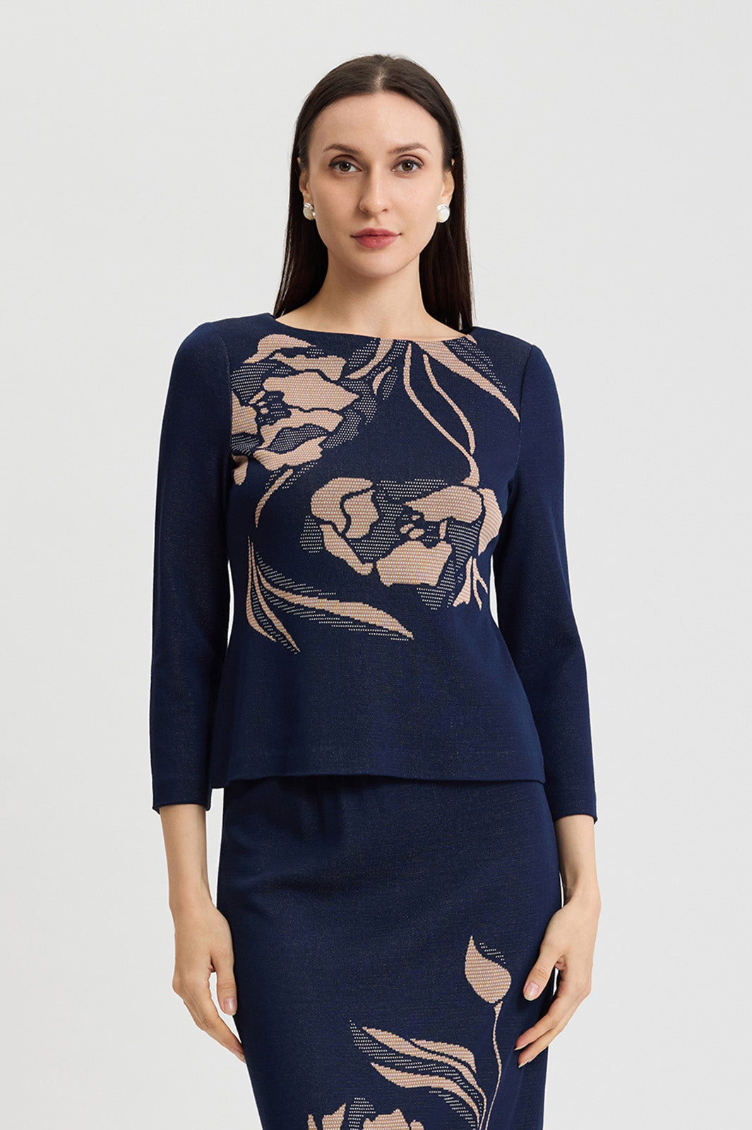 トップス andwang Lady Docking Knit Tops Floral Jacquard Soft Knit Top | Ming Wang