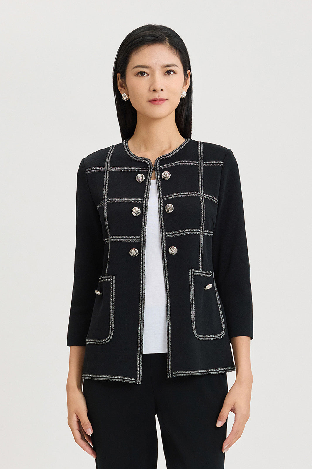 2点セットMary quilting knit jacket pants Heritage Grid Trim Knit Jacket | Ming Wang
