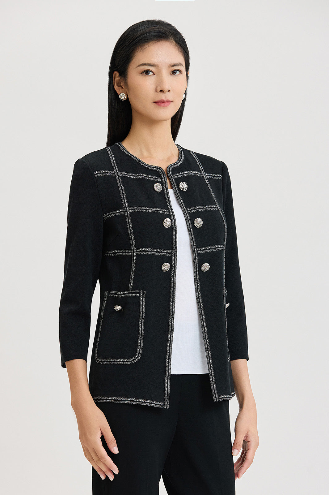 Heritage Grid Trim Knit Jacket | Ming Wang