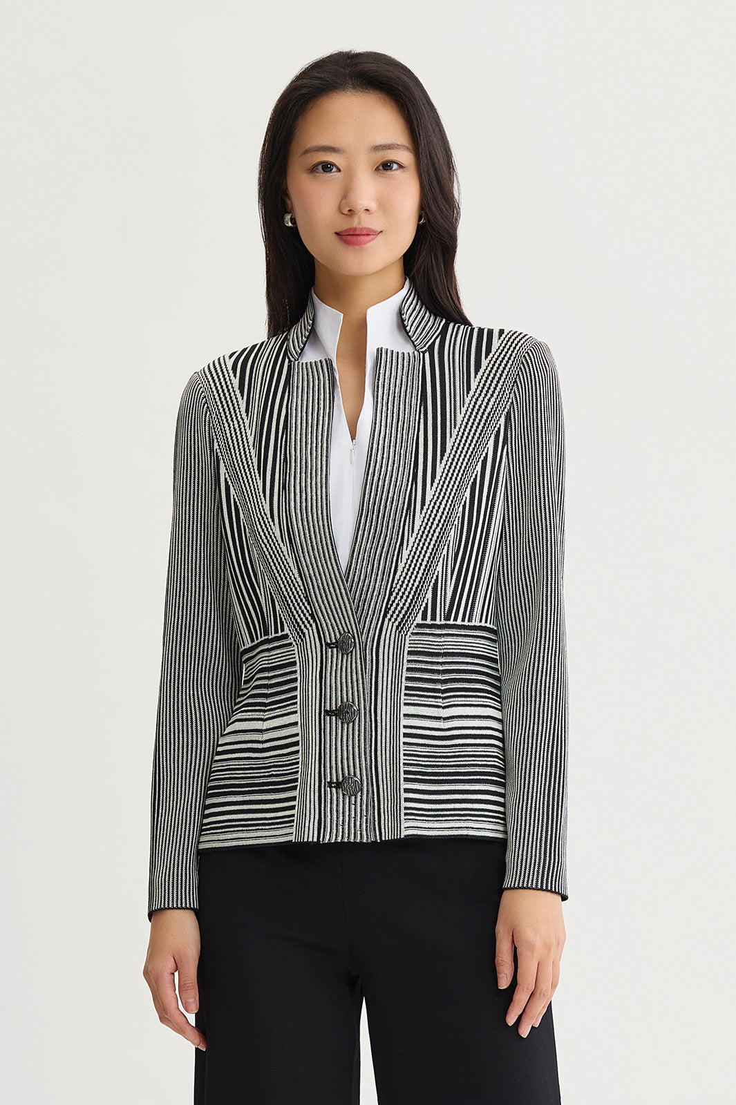 Monochrome Striped Knit Jacket | Ming Wang