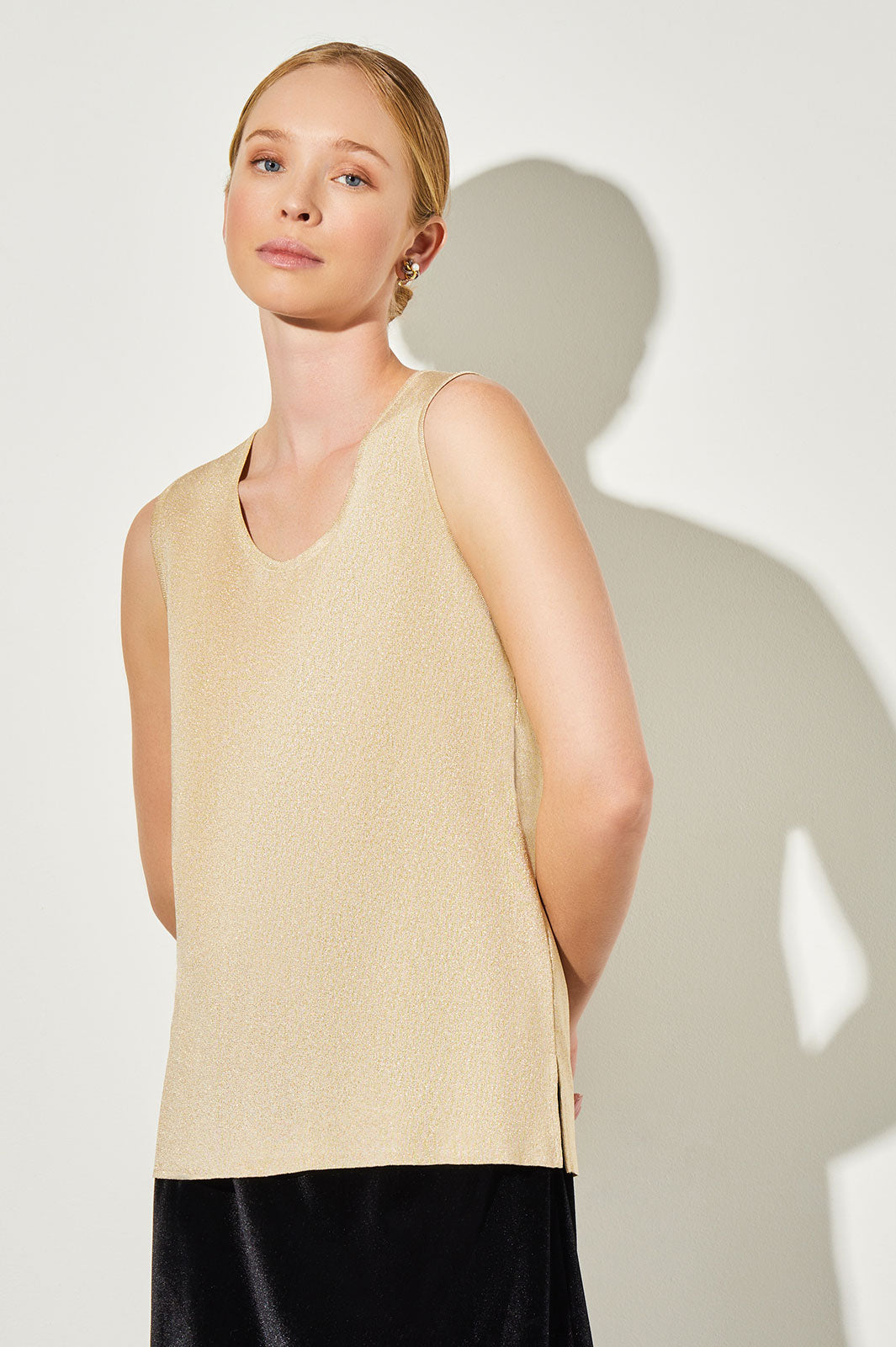 Mid-Length Scoop Neck Knit Tank, Gold | Ming Wang