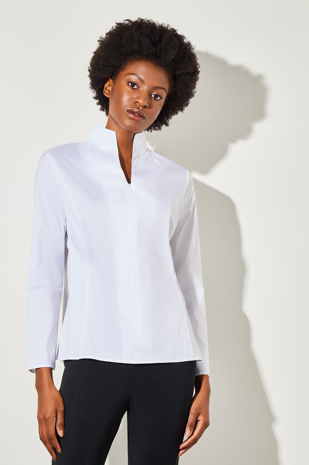 white long sleeve dress blouse Long Sleeve Zip-Up Cotton Poplin Blouse, White