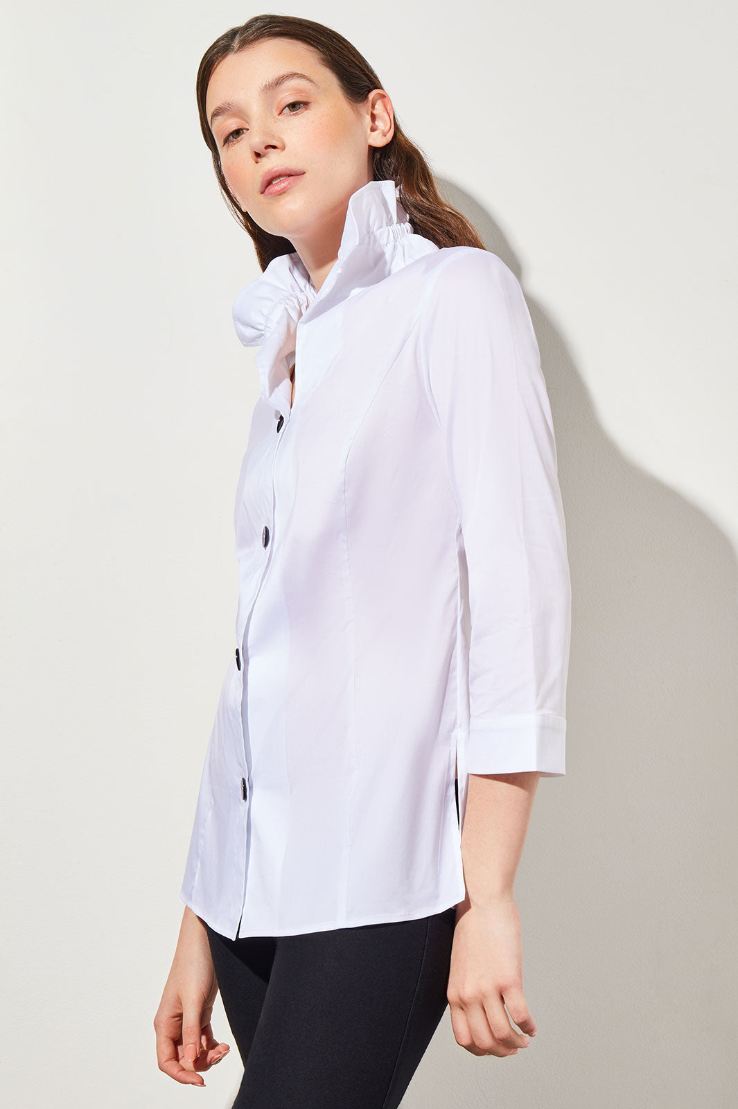 Ruffle Neck Button-Front Stretch Cotton Blouse Ming Wang