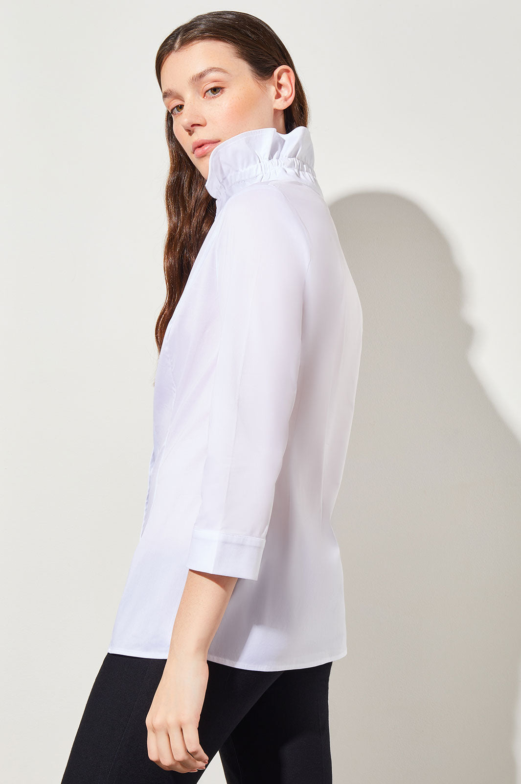 Ruffle Neck Button-Front Stretch Cotton Blouse Ming Wang