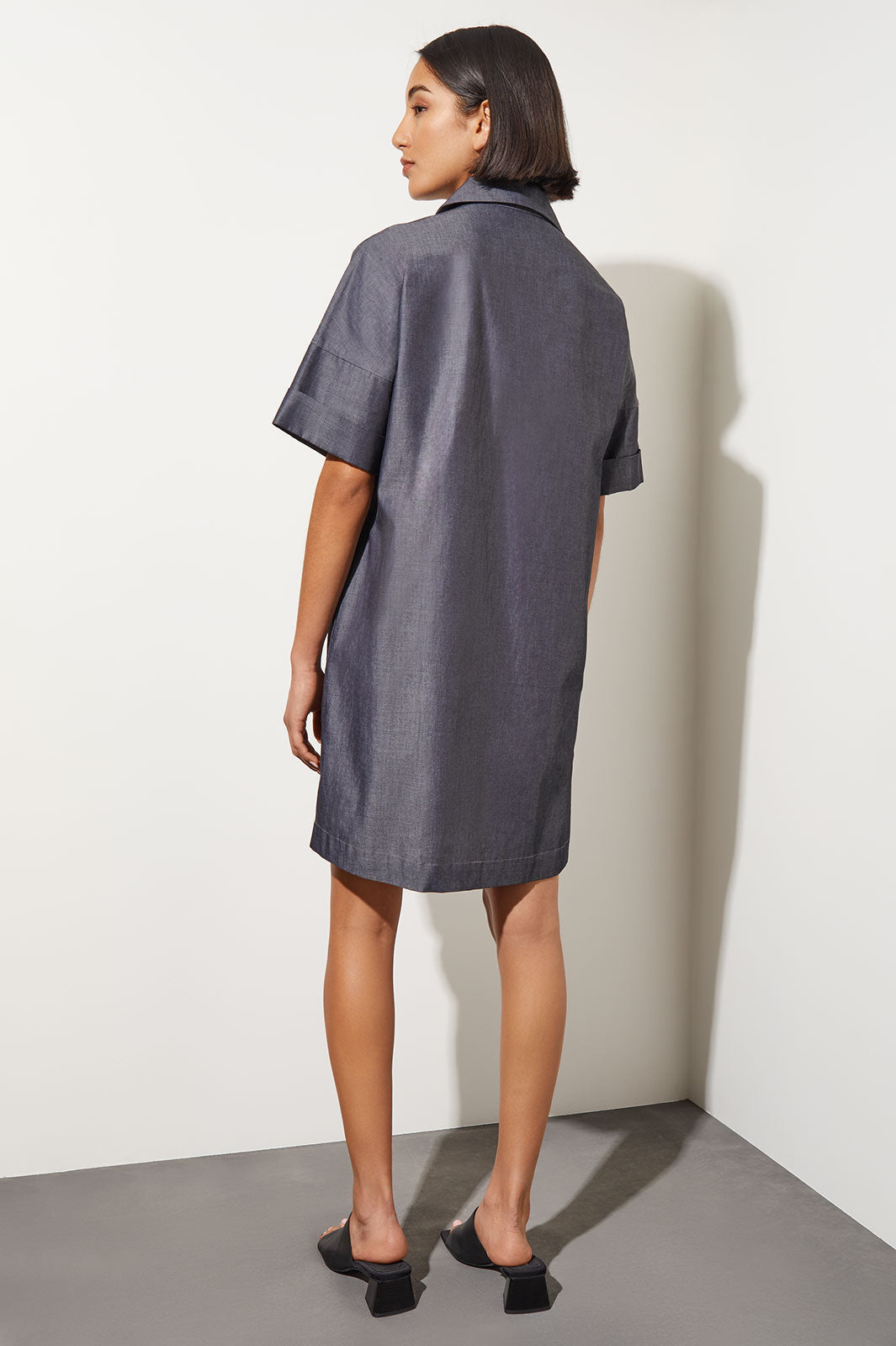 Side Pocket A Line Chambray Shirt Dress Ming Wang