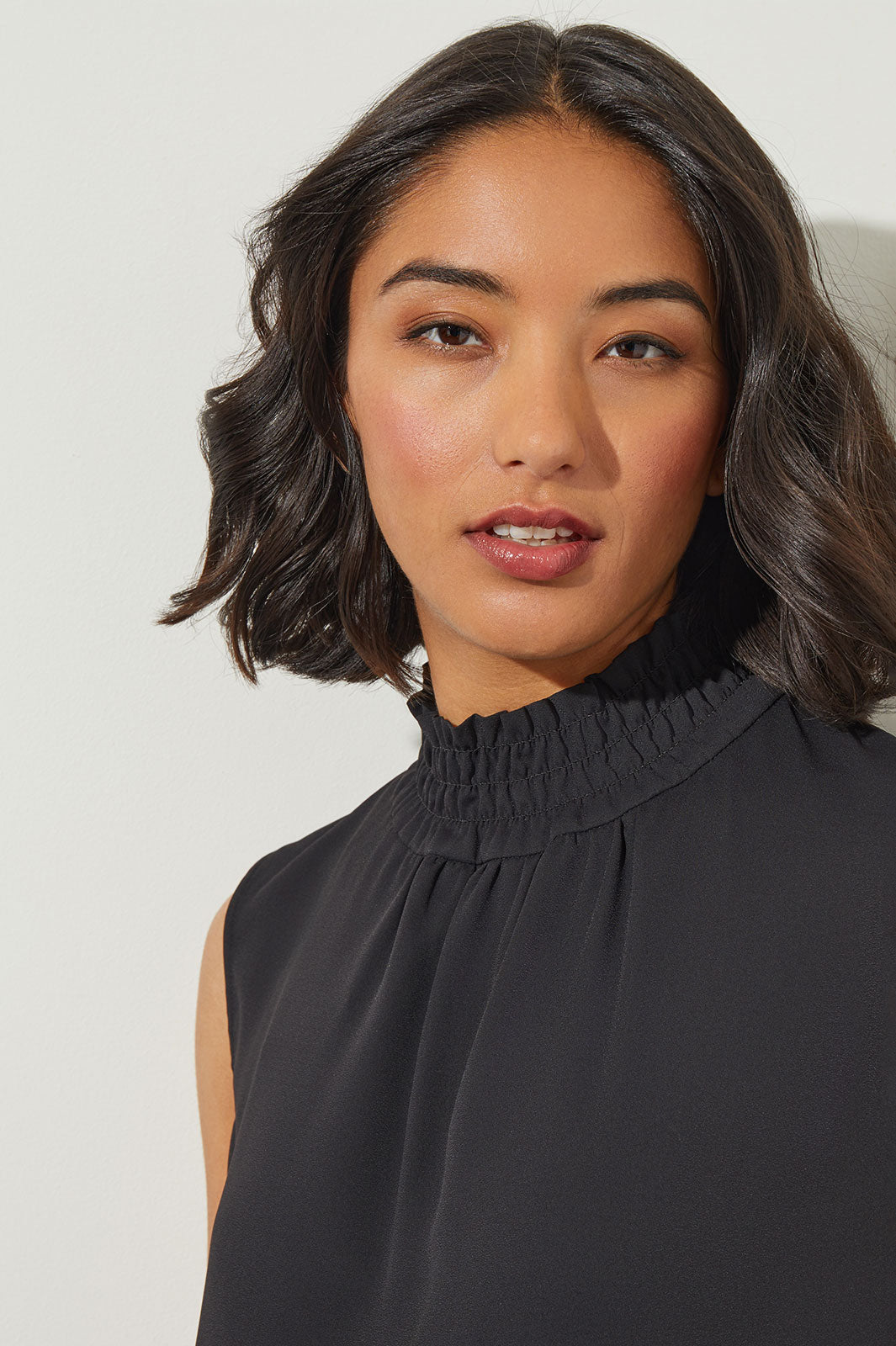 Smocked Neckline Crepe de Chine Blouse, Black | Ming Wang