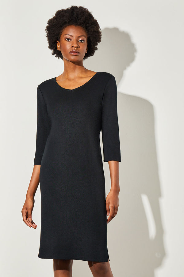 black dress with 3/4 sleeves Ming Wang V-Neck in fabric comps Crafted in the USA UK SIZE:12 Lace-Up Open-Back Long Black