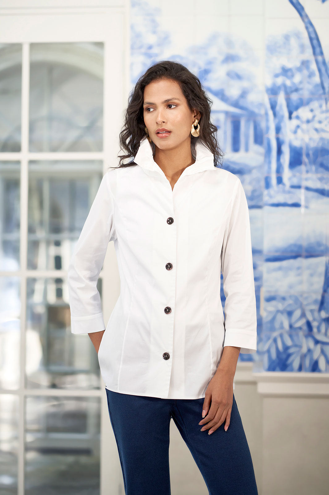 Plus Size Ruffle Neck Button Front Stretch Cotton Blouse