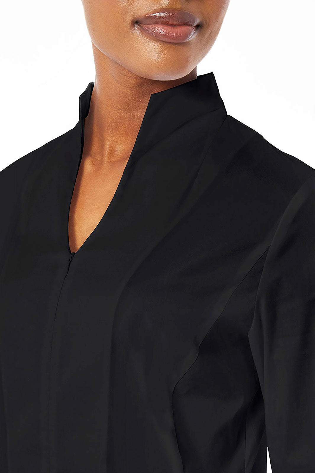 Long Sleeve Zip-Up Cotton Poplin Blouse, Black