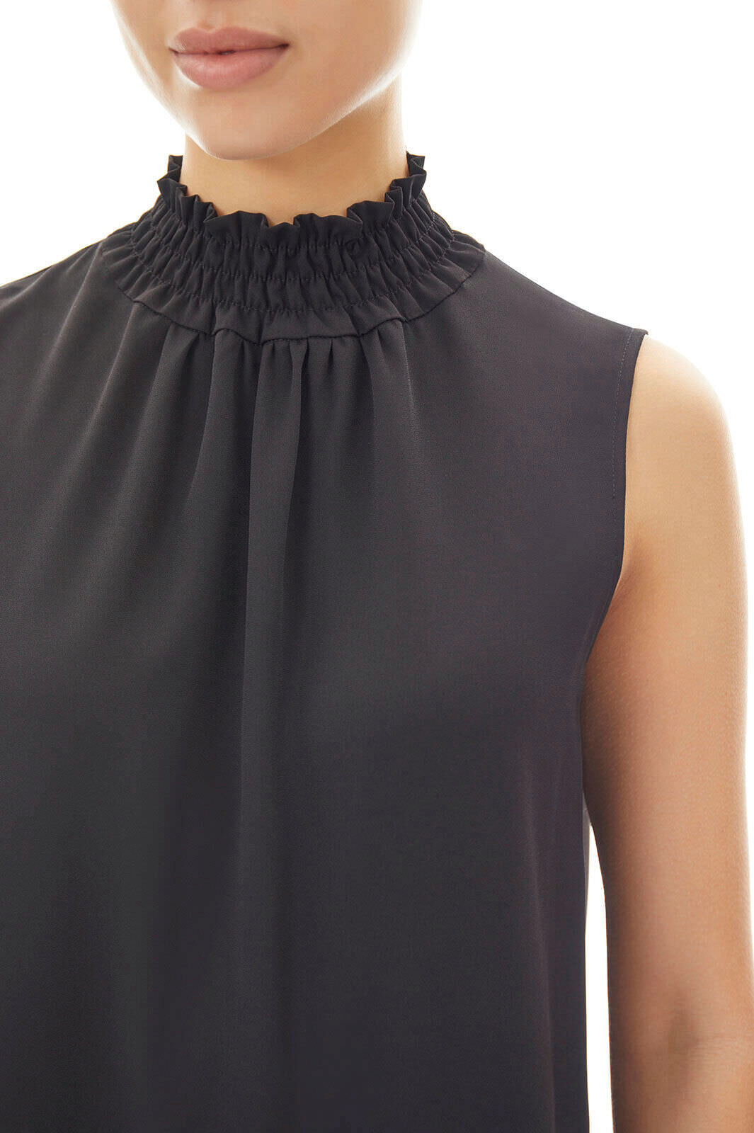 Smocked Neckline Crepe de Chine Blouse, Black | Ming Wang
