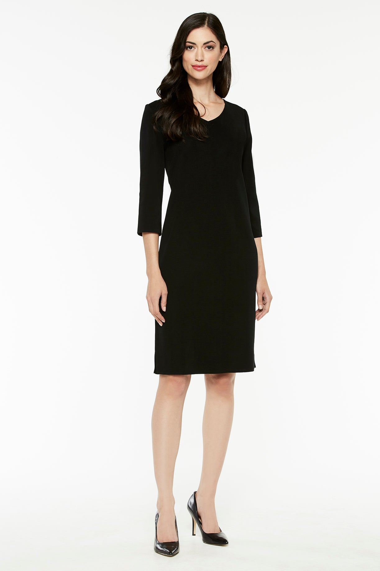 3/4 Sleeve V-Neck Knit Dress, Black | Ming Wang 3/4 Sleeve V-Neck Knit Dress, Black | Ming Wang
